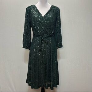 DKNY Women's Sequinned Faux-Wrap Fit & Flare Dress Pine green 6